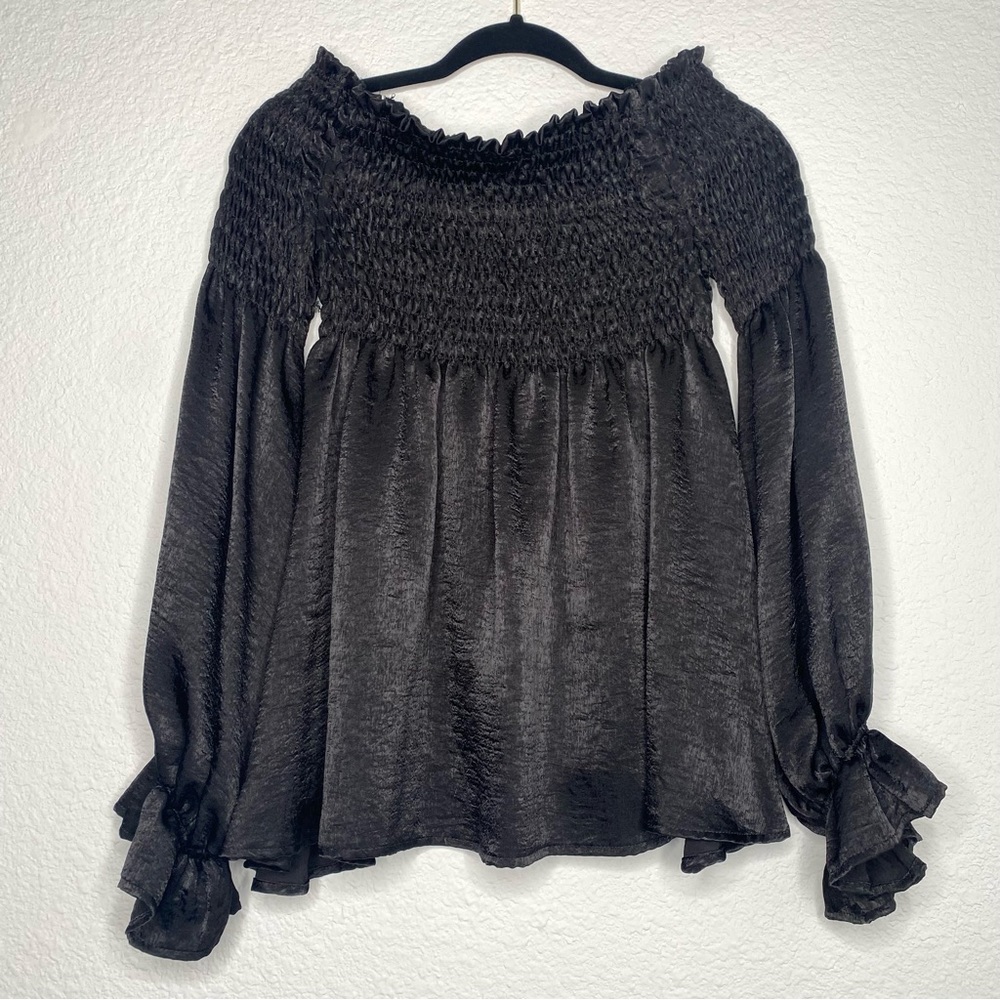 Black Off Shoulder Smocked Long Sleeve Anything Bling Boutique Blouse